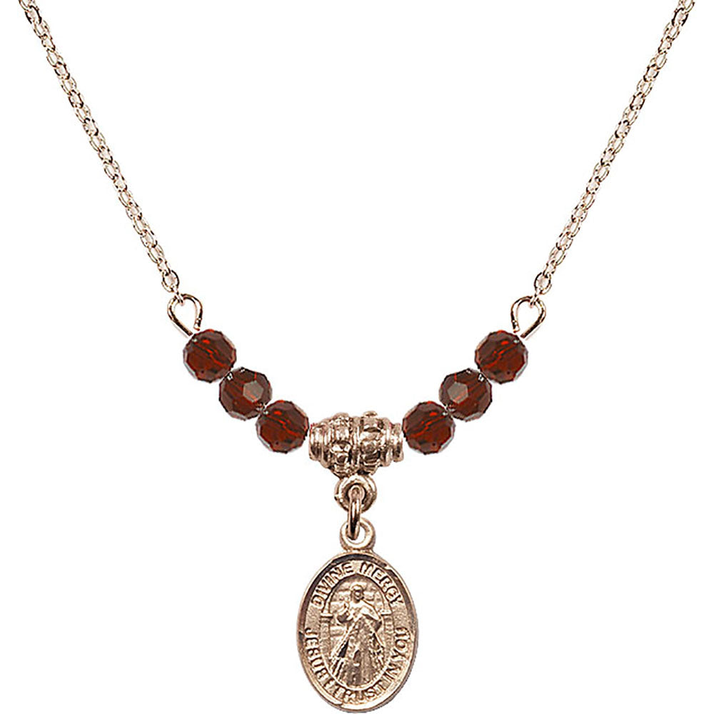 14kt Gold Filled Divine Mercy Birthstone Necklace with Garnet Beads - 9366