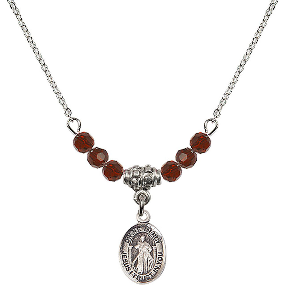 Sterling Silver Divine Mercy Birthstone Necklace with Garnet Beads - 9366