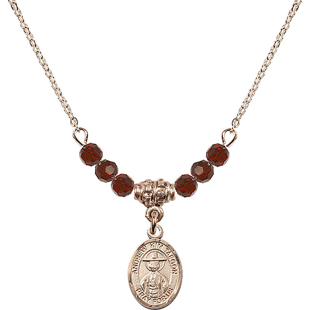 14kt Gold Filled Saint Andrew Kim Taegon Birthstone Necklace with Garnet Beads - 9373
