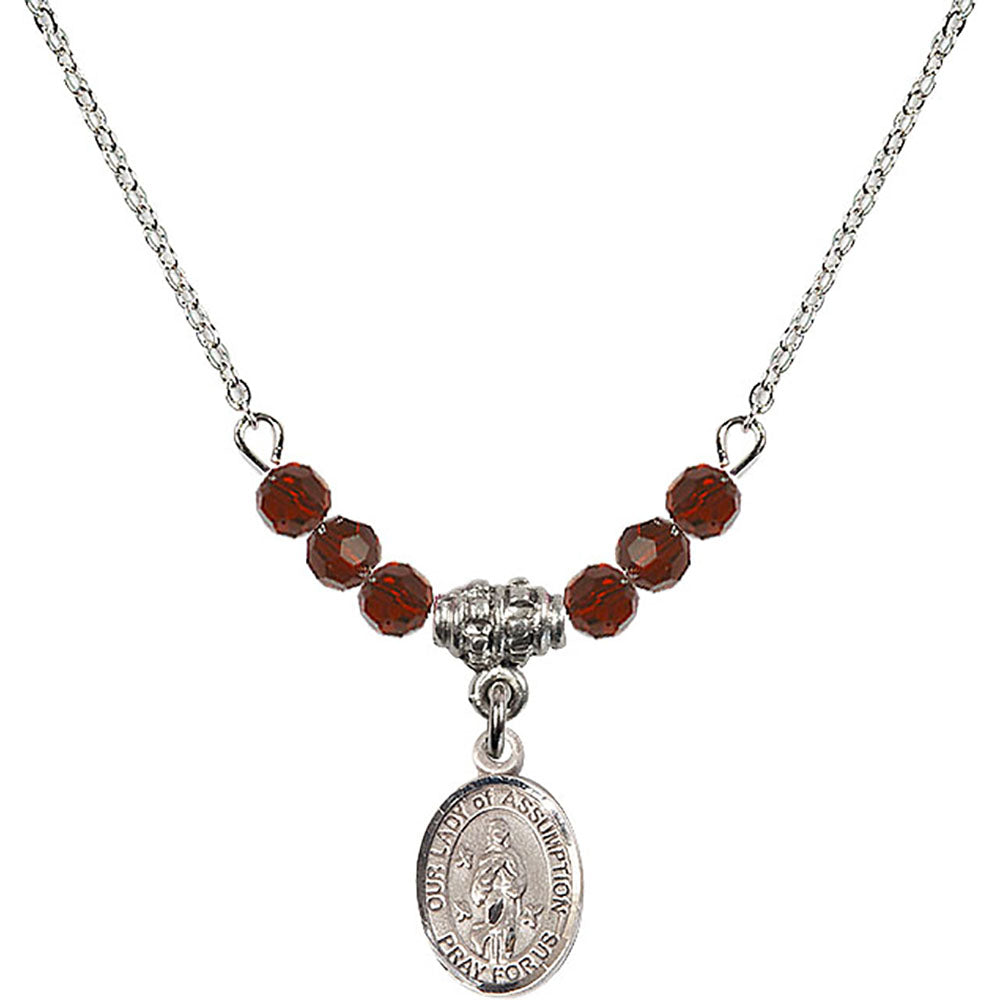 Sterling Silver Our Lady of Assumption Birthstone Necklace with Garnet Beads - 9388