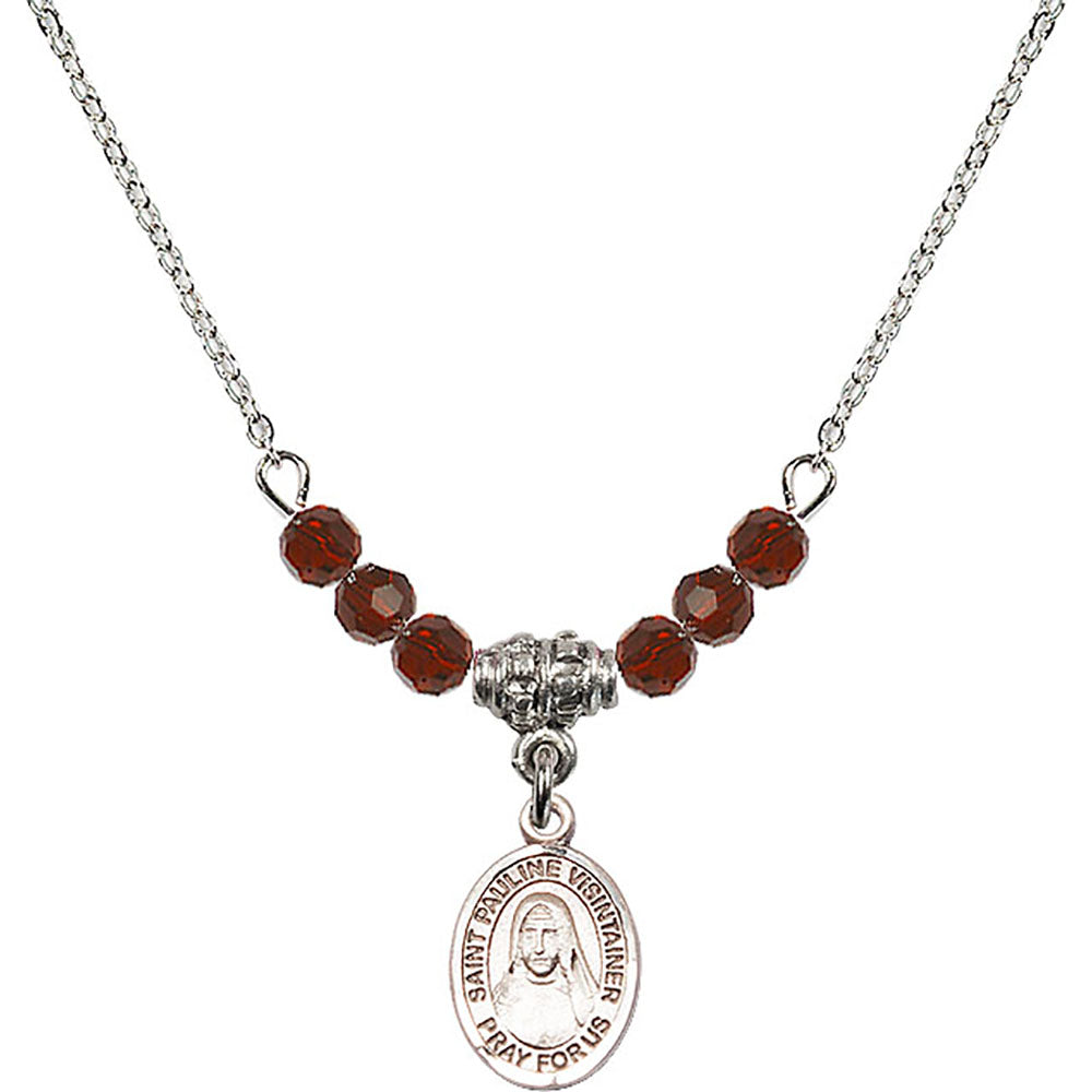 Sterling Silver Saint Pauline Visintainer Birthstone Necklace with Garnet Beads - 9391