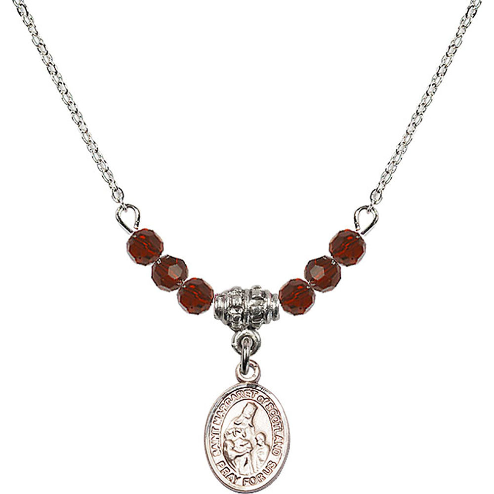 Sterling Silver Saint Margaret of Scotland Birthstone Necklace with Garnet Beads - 9407