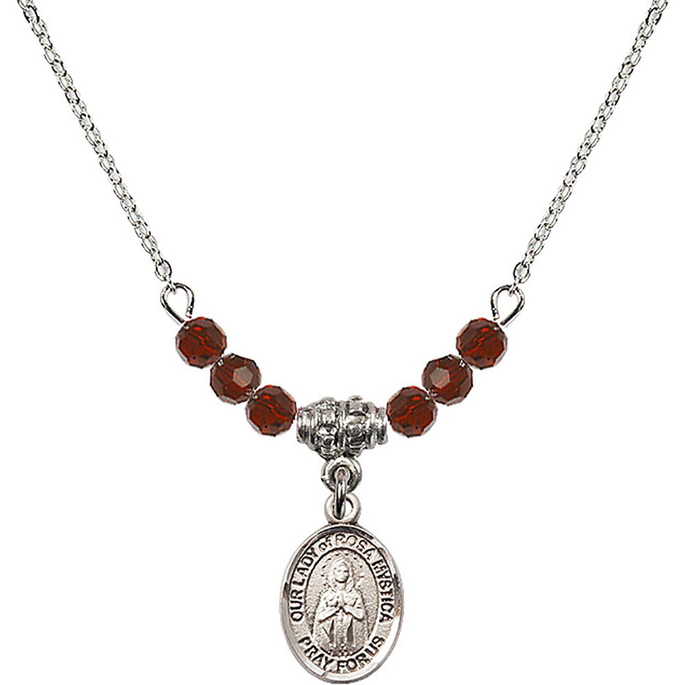 Sterling Silver Our Lady of Rosa Mystica Birthstone Necklace with Garnet Beads - 9413