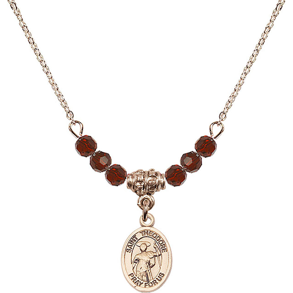 14kt Gold Filled Saint Theodore Stratelates Birthstone Necklace with Garnet Beads - 9415