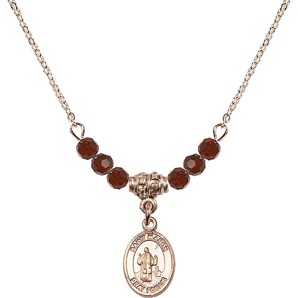 14kt Gold Filled Saint Maron Birthstone Necklace with Garnet Beads - 9417