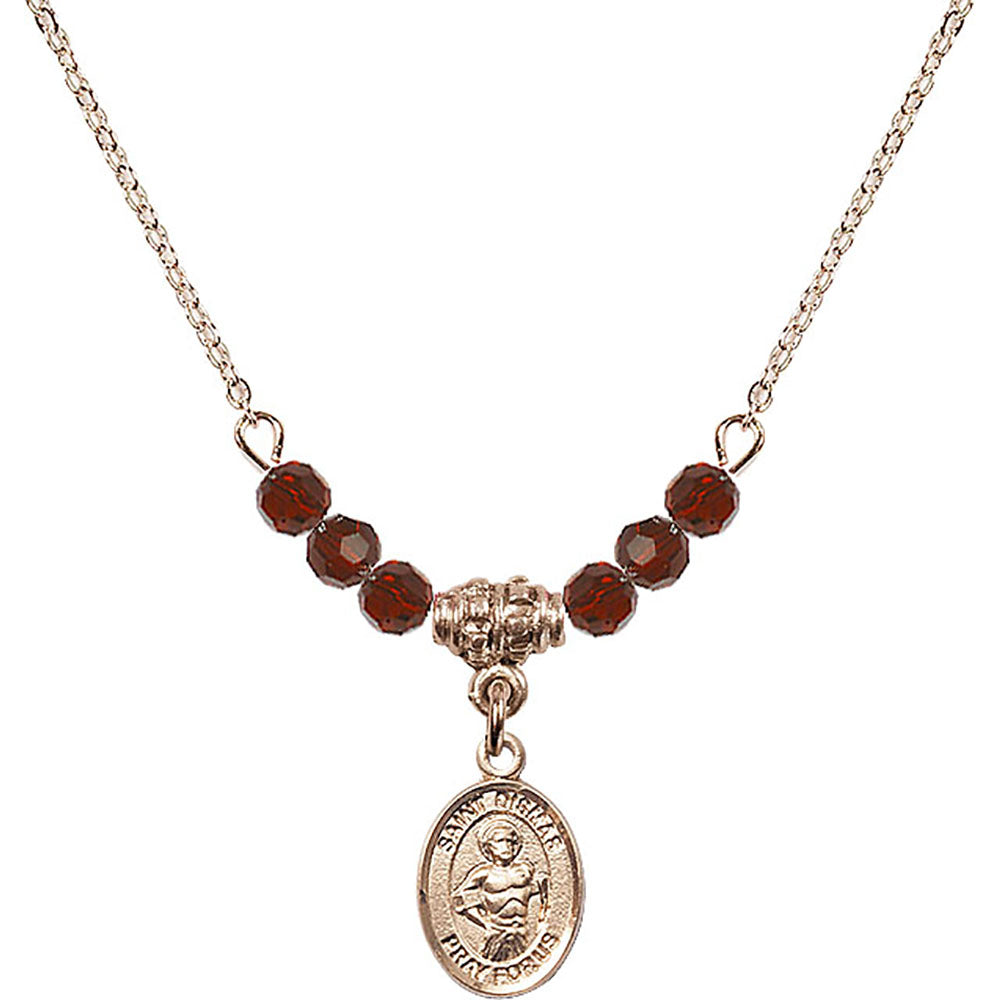 14kt Gold Filled Saint Dismas Birthstone Necklace with Garnet Beads - 9418