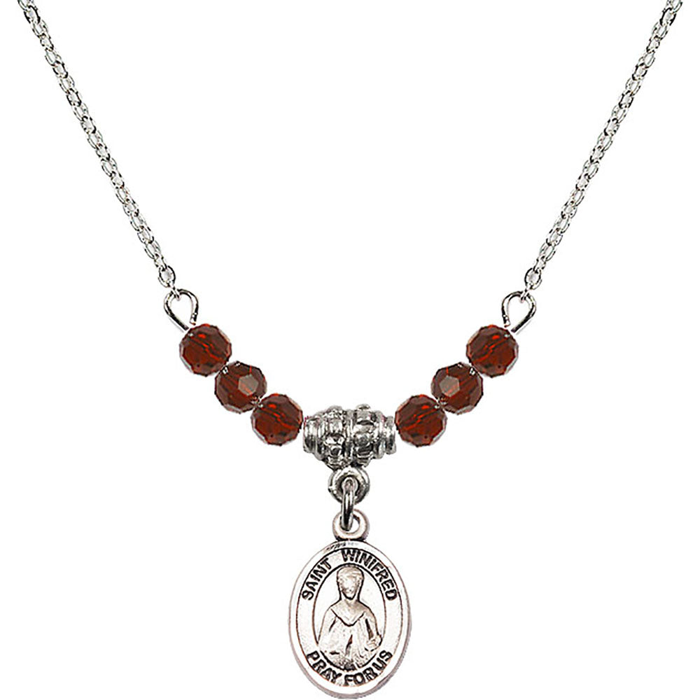 Sterling Silver Saint Winifred of Wales Birthstone Necklace with Garnet Beads - 9419