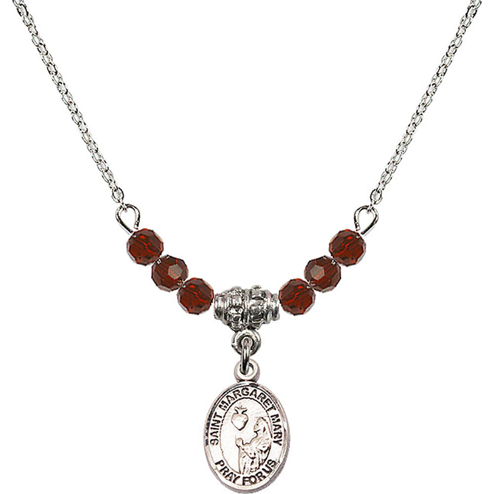 Sterling Silver Saint Margaret Mary Alacoque Birthstone Necklace with Garnet Beads - 9420