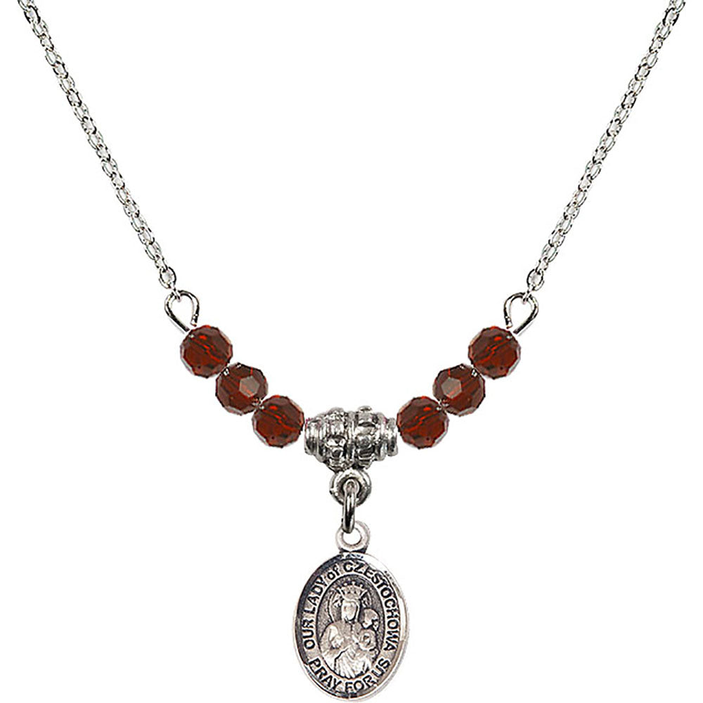 Sterling Silver Our Lady of Czestochowa Birthstone Necklace with Garnet Beads - 9421