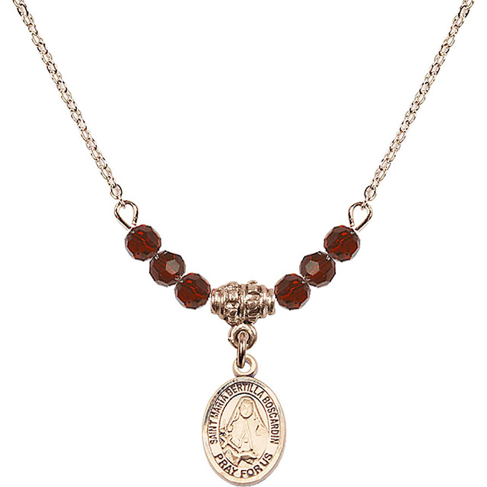 14kt Gold Filled Saint Maria Bertilla Boscardin Birthstone Necklace with Garnet Beads - 9428