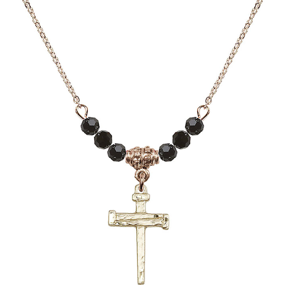 14kt Gold Filled Nail Cross Birthstone Necklace with Jet Beads - 0012