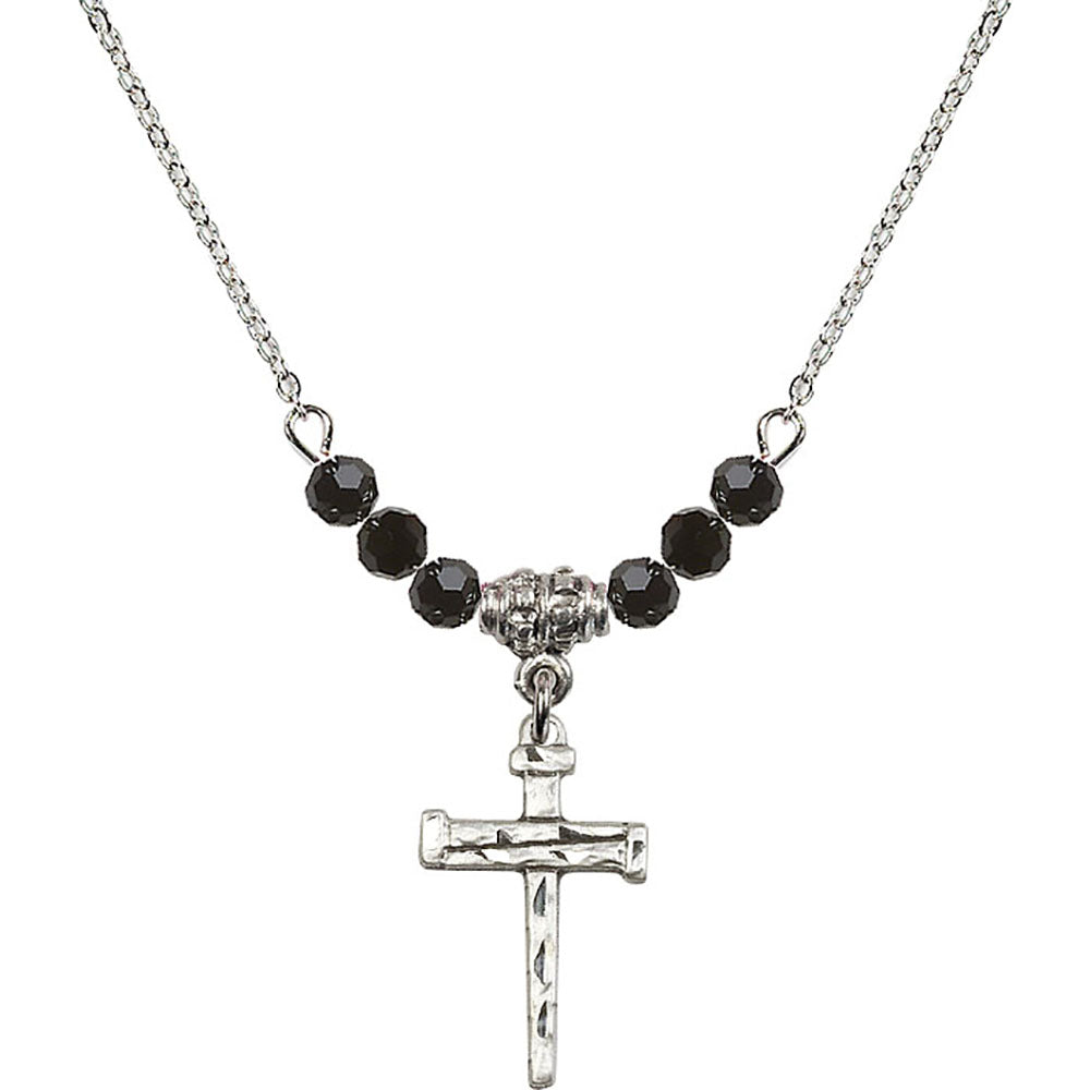 Sterling Silver Nail Cross Birthstone Necklace with Jet Beads - 0012