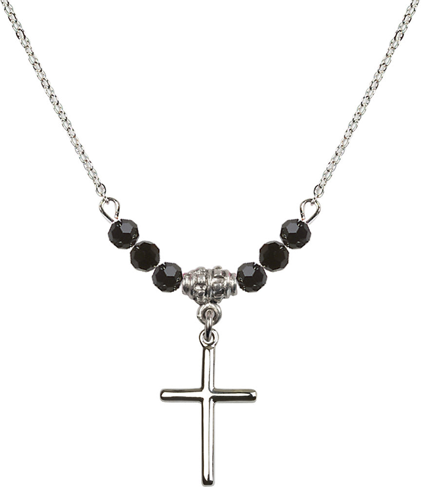 Sterling Silver Cross Birthstone Necklace with Jet Beads - 0017
