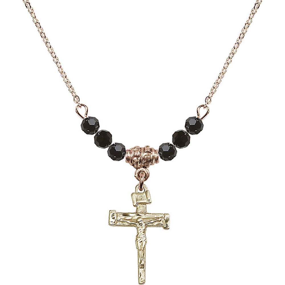 14kt Gold Filled Nail Crucifix Birthstone Necklace with Jet Beads - 0072