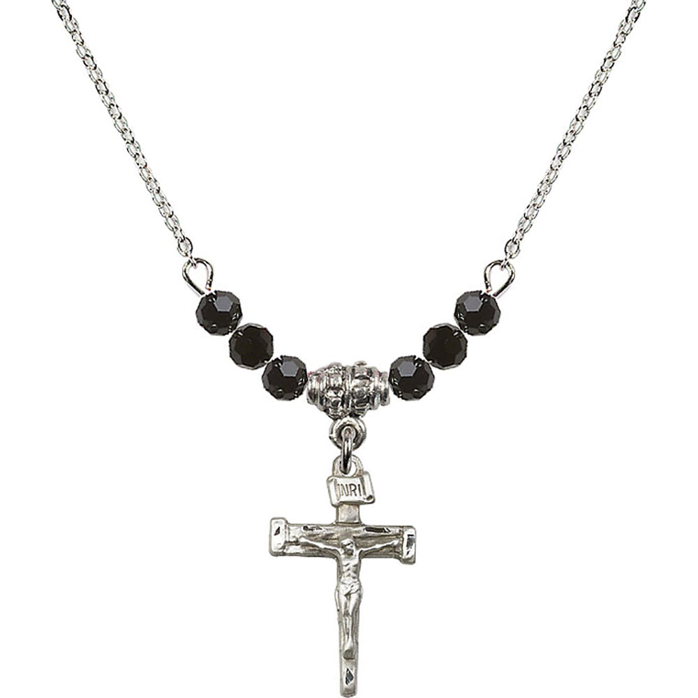 Sterling Silver Nail Crucifix Birthstone Necklace with Jet Beads - 0072