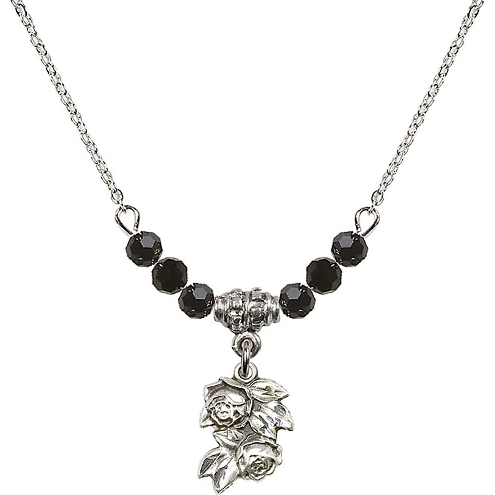 Sterling Silver Rose Birthstone Necklace with Jet Beads - 0204