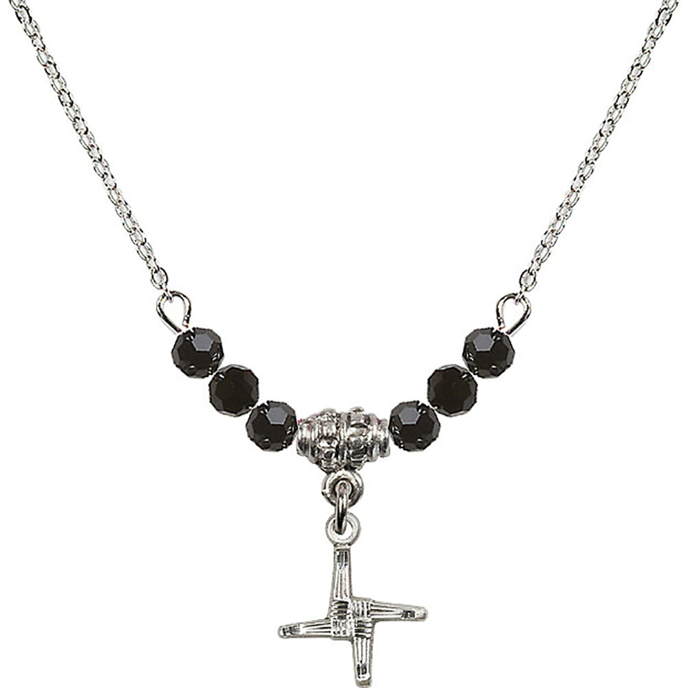 Sterling Silver Saint Brigid Cross Birthstone Necklace with Jet Beads - 0291