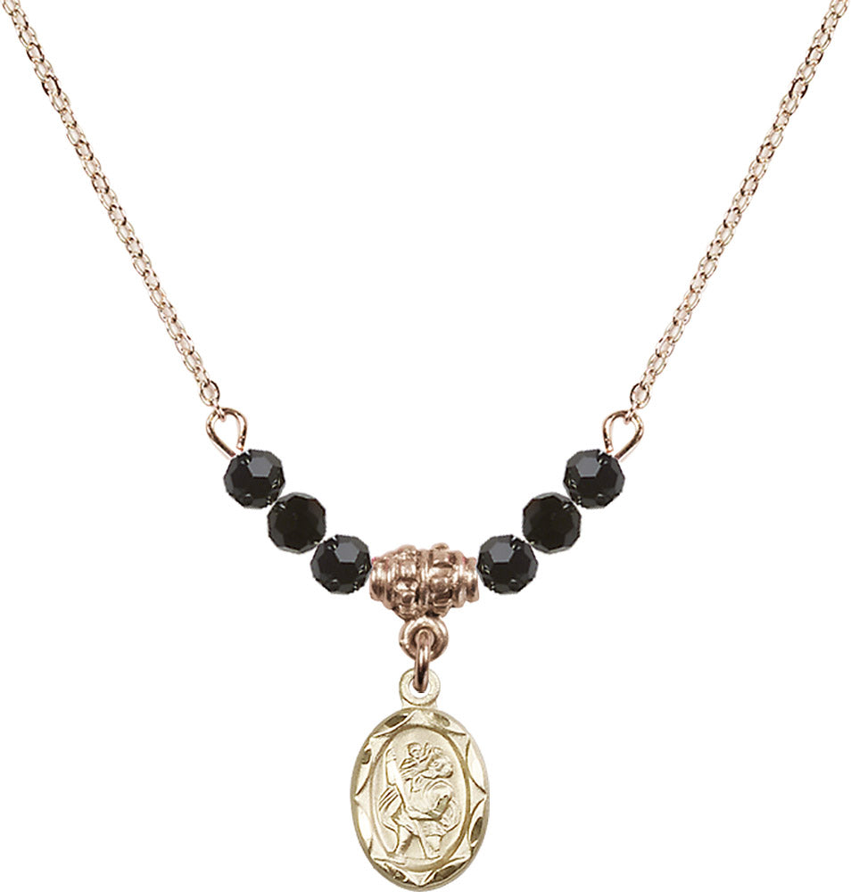 14kt Gold Filled Saint Christopher Birthstone Necklace with Jet Beads - 0301