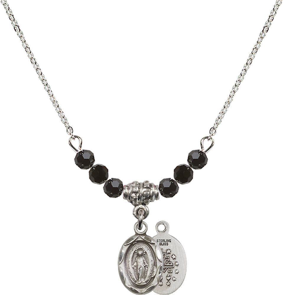 Sterling Silver Miraculous Birthstone Necklace with Jet Beads - 0301