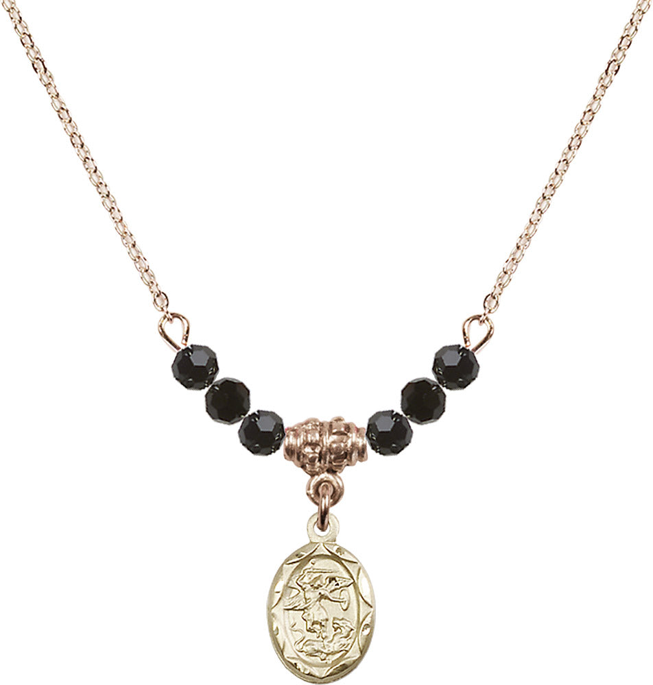 14kt Gold Filled Saint Michael the Archangel Birthstone Necklace with Jet Beads - 0301