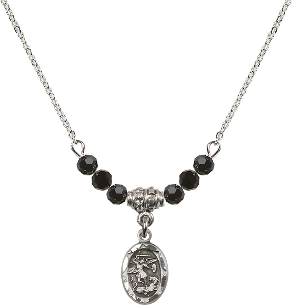 Sterling Silver Saint Michael the Archangel Birthstone Necklace with Jet Beads - 0301