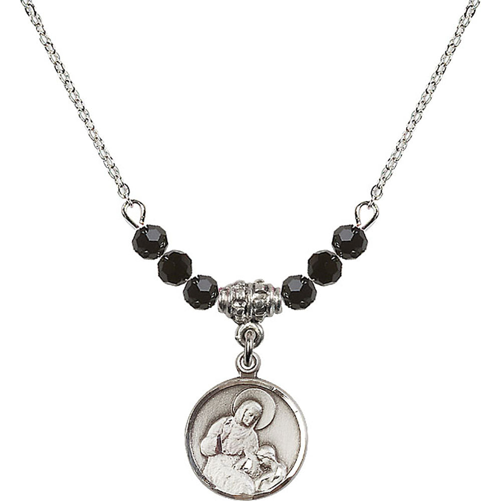 Sterling Silver Saint Ann Birthstone Necklace with Jet Beads - 0601