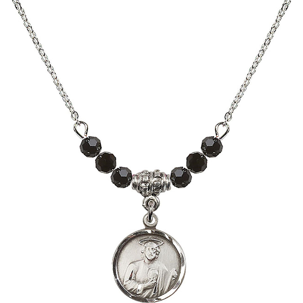 Sterling Silver Saint Jude Birthstone Necklace with Jet Beads - 0601