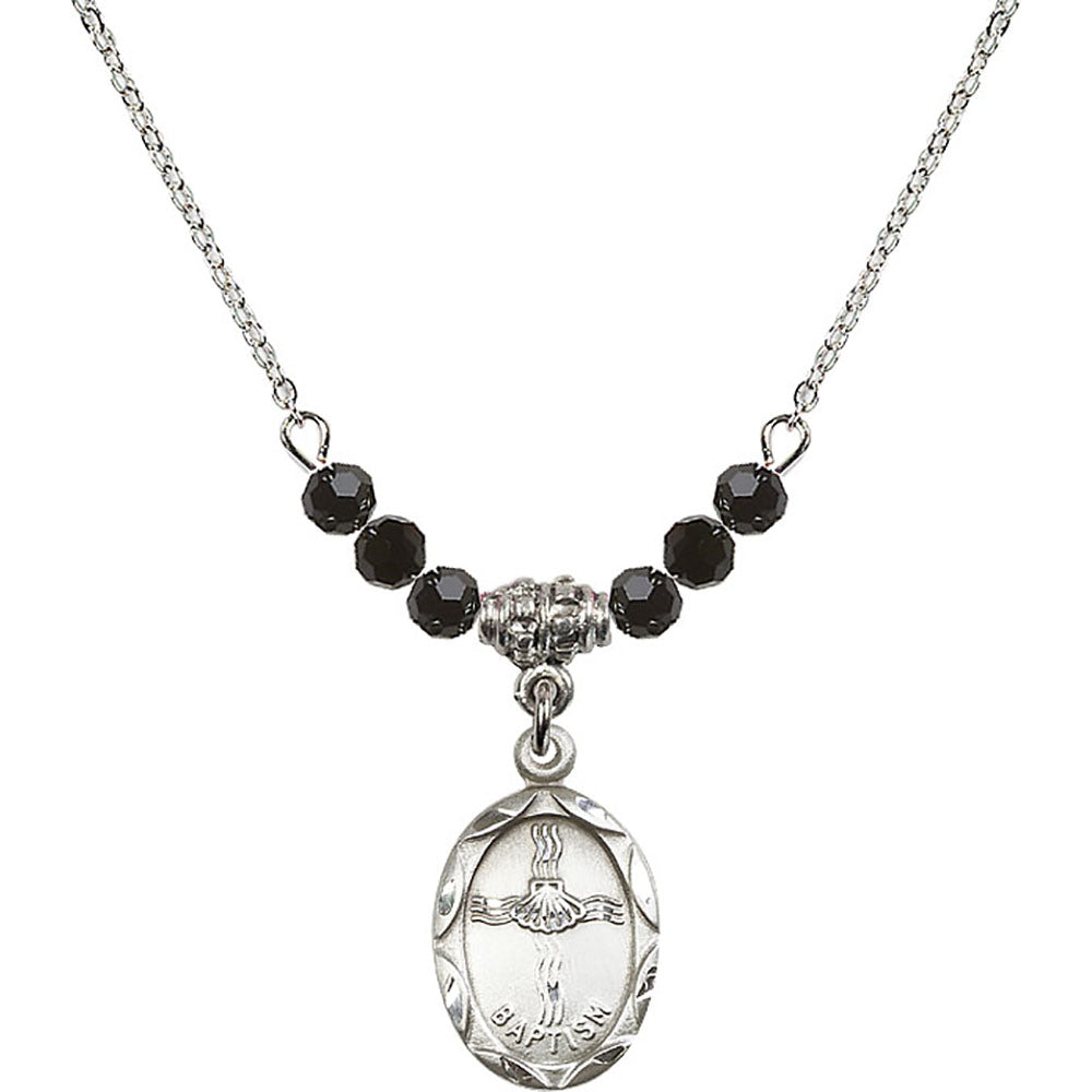 Sterling Silver Baptism Birthstone Necklace with Jet Beads - 0612