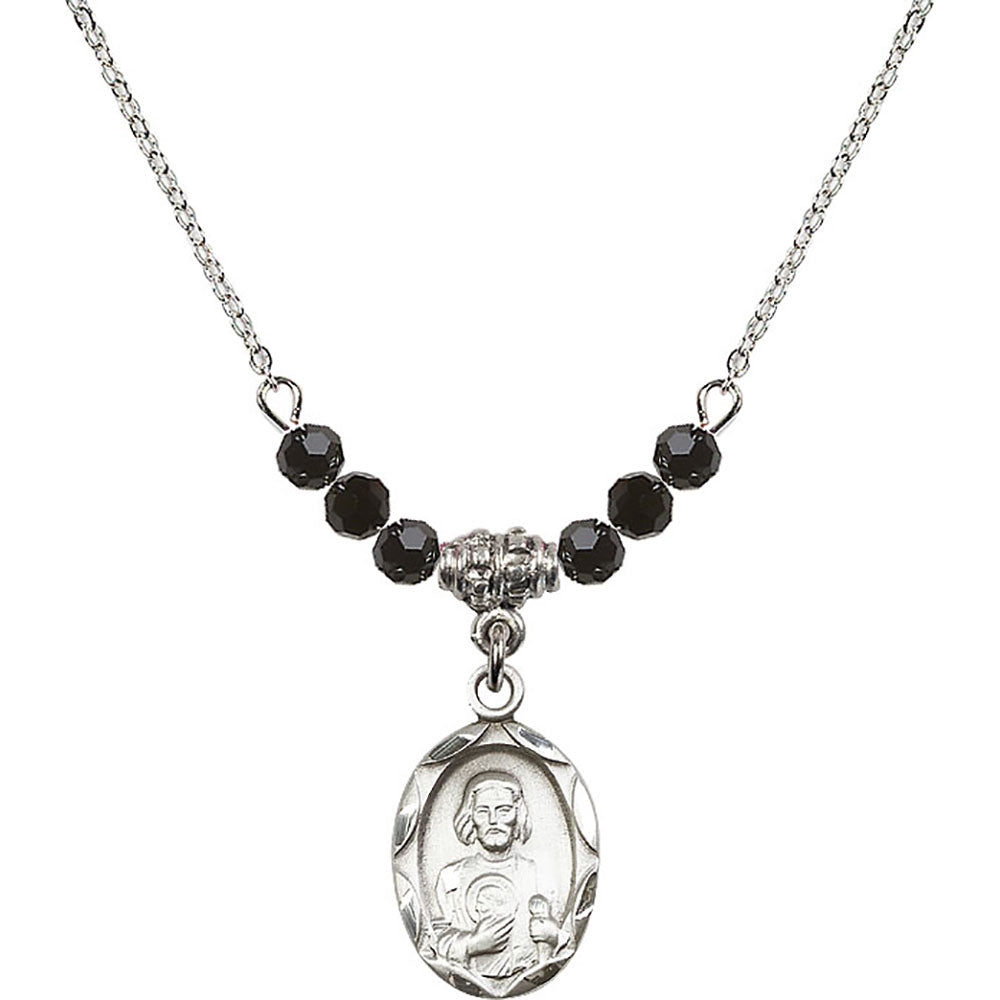 Sterling Silver Saint Jude Birthstone Necklace with Jet Beads - 0612