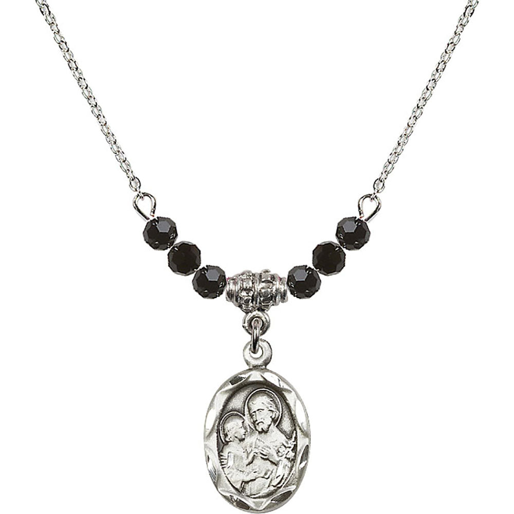 Sterling Silver Saint Joseph Birthstone Necklace with Jet Beads - 0612