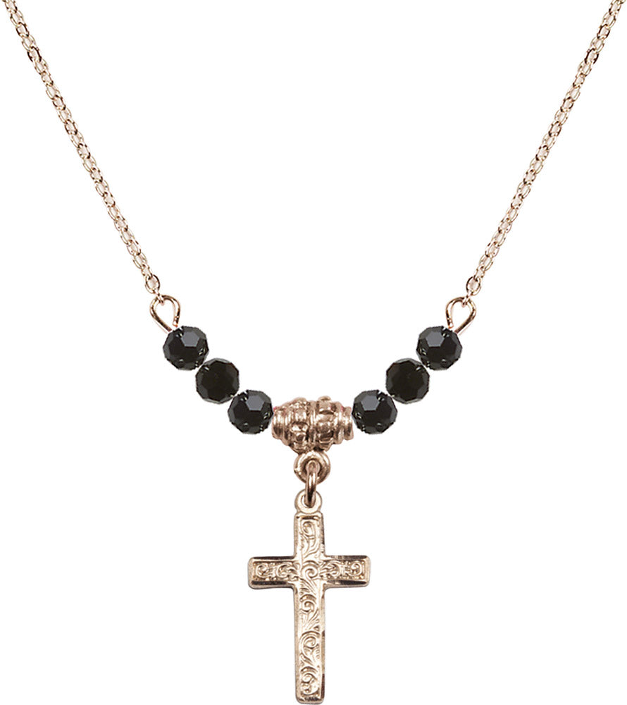 14kt Gold Filled Cross Birthstone Necklace with Jet Beads - 0672