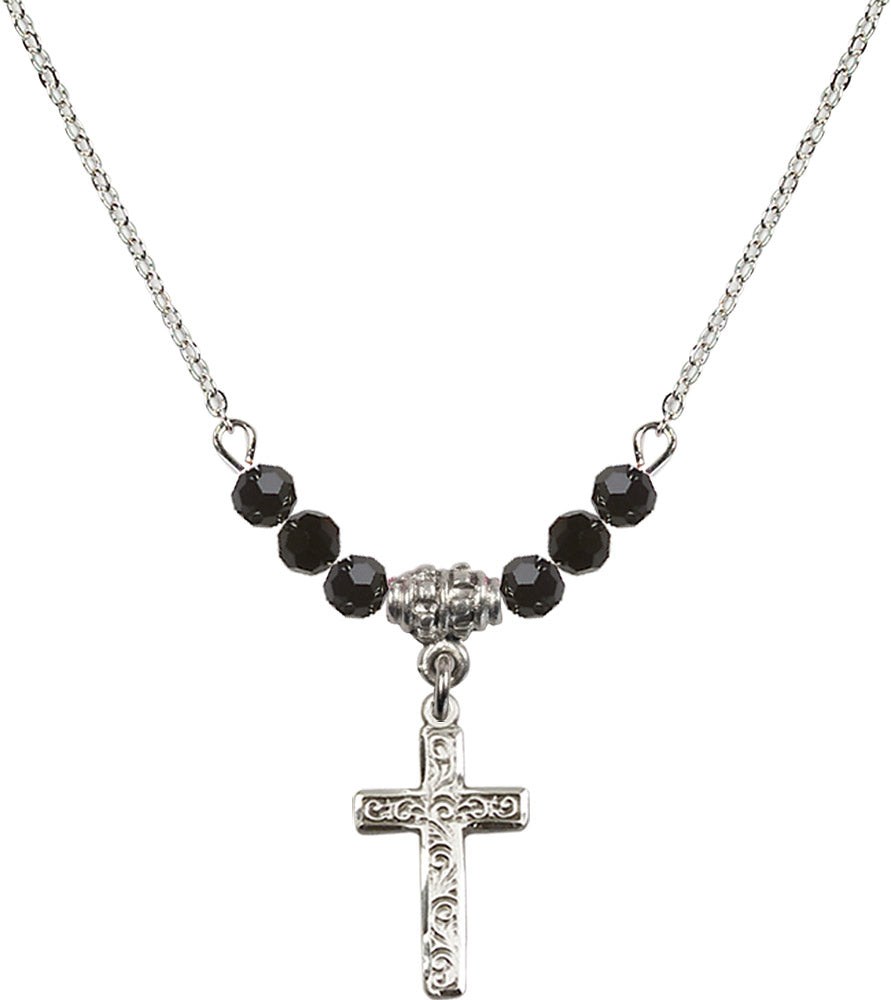 Sterling Silver Cross Birthstone Necklace with Jet Beads - 0672