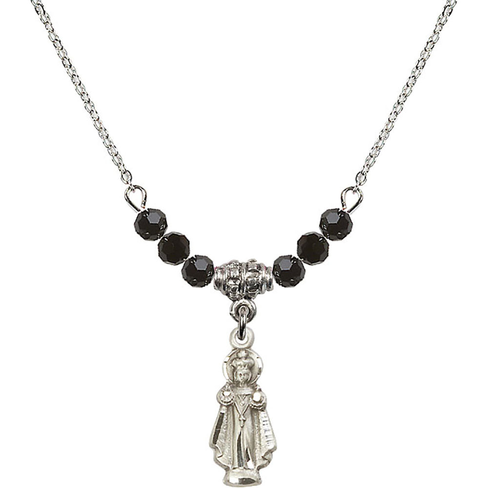 Sterling Silver Infant of Prague Birthstone Necklace with Jet Beads - 0823
