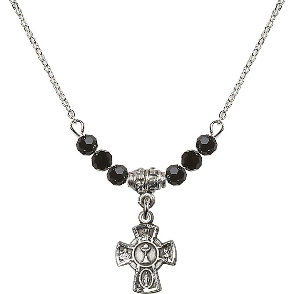 Sterling Silver 5-Way / Chalice Birthstone Necklace with Jet Beads - 0845