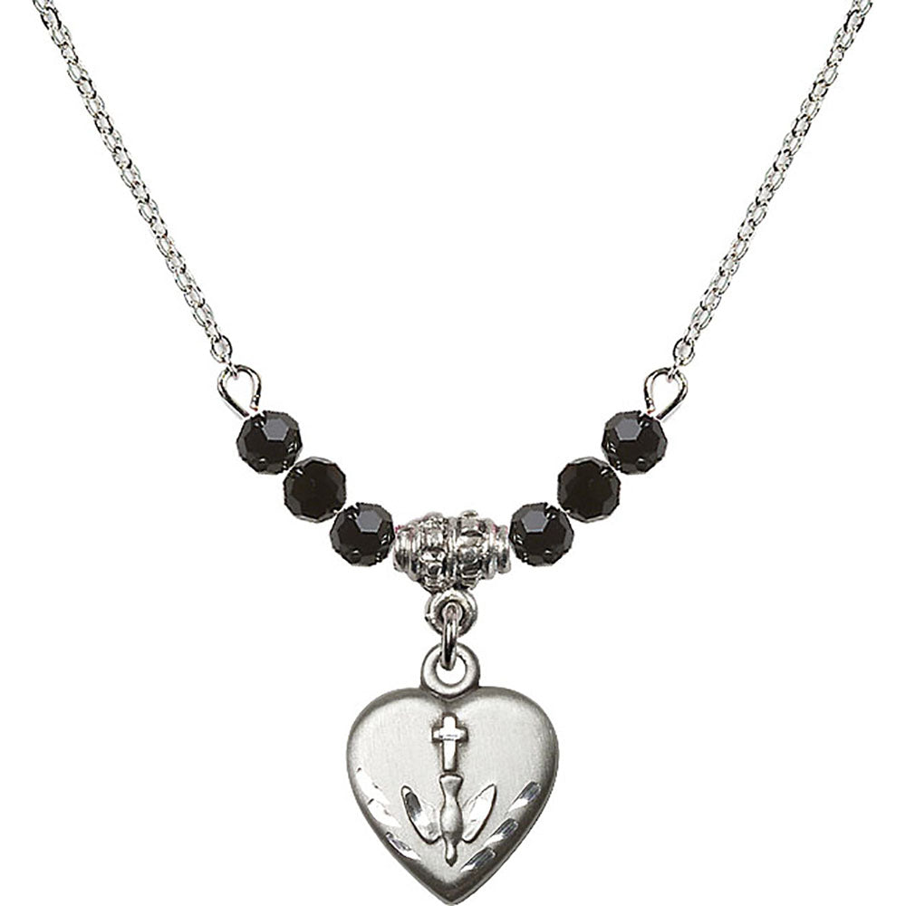 Sterling Silver Heart / Confirmation Birthstone Necklace with Jet Beads - 0891