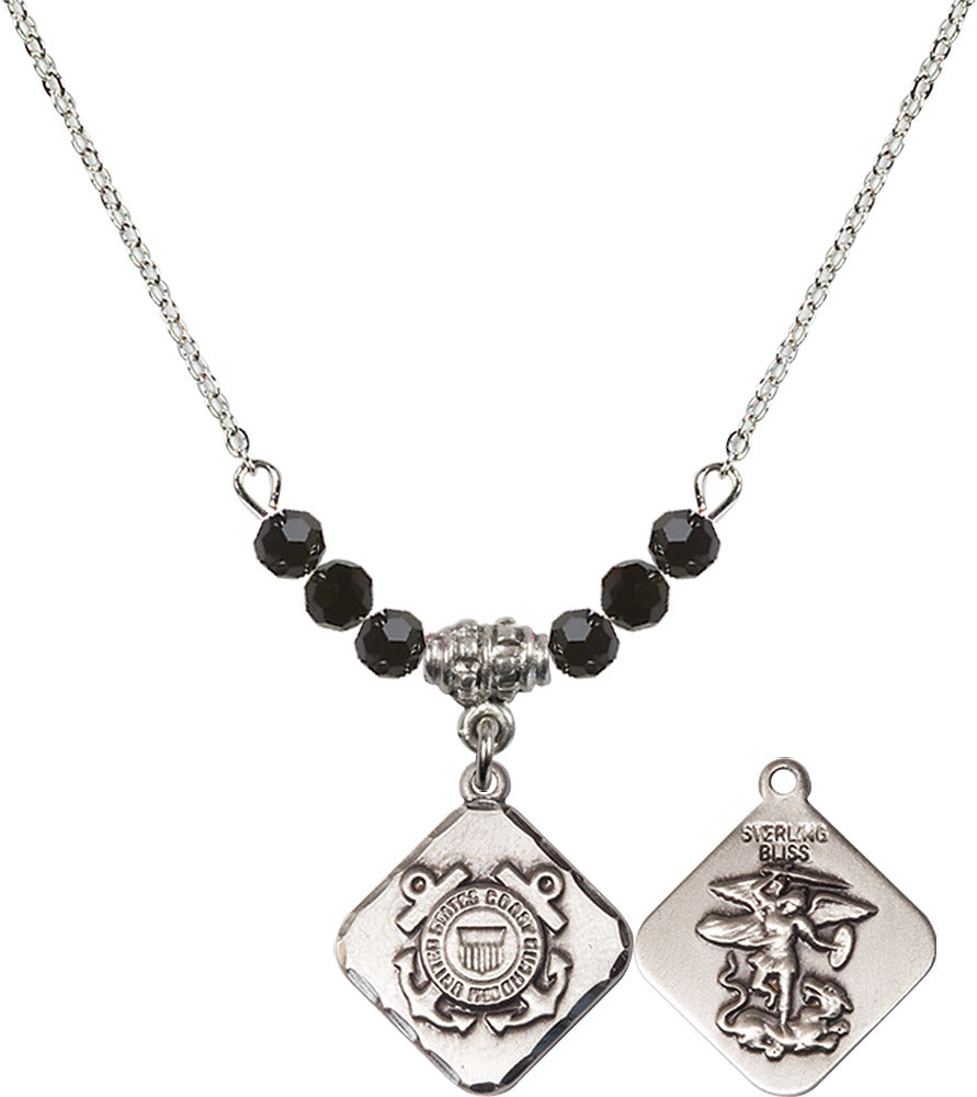 Sterling Silver Coast Guard Diamond Birthstone Necklace with Jet Beads - 1180