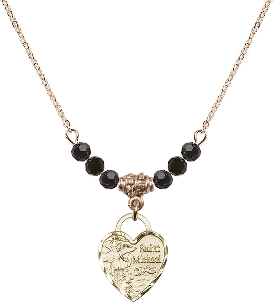 14kt Gold Filled Saint Michael Heart Birthstone Necklace with Jet Beads - 3403