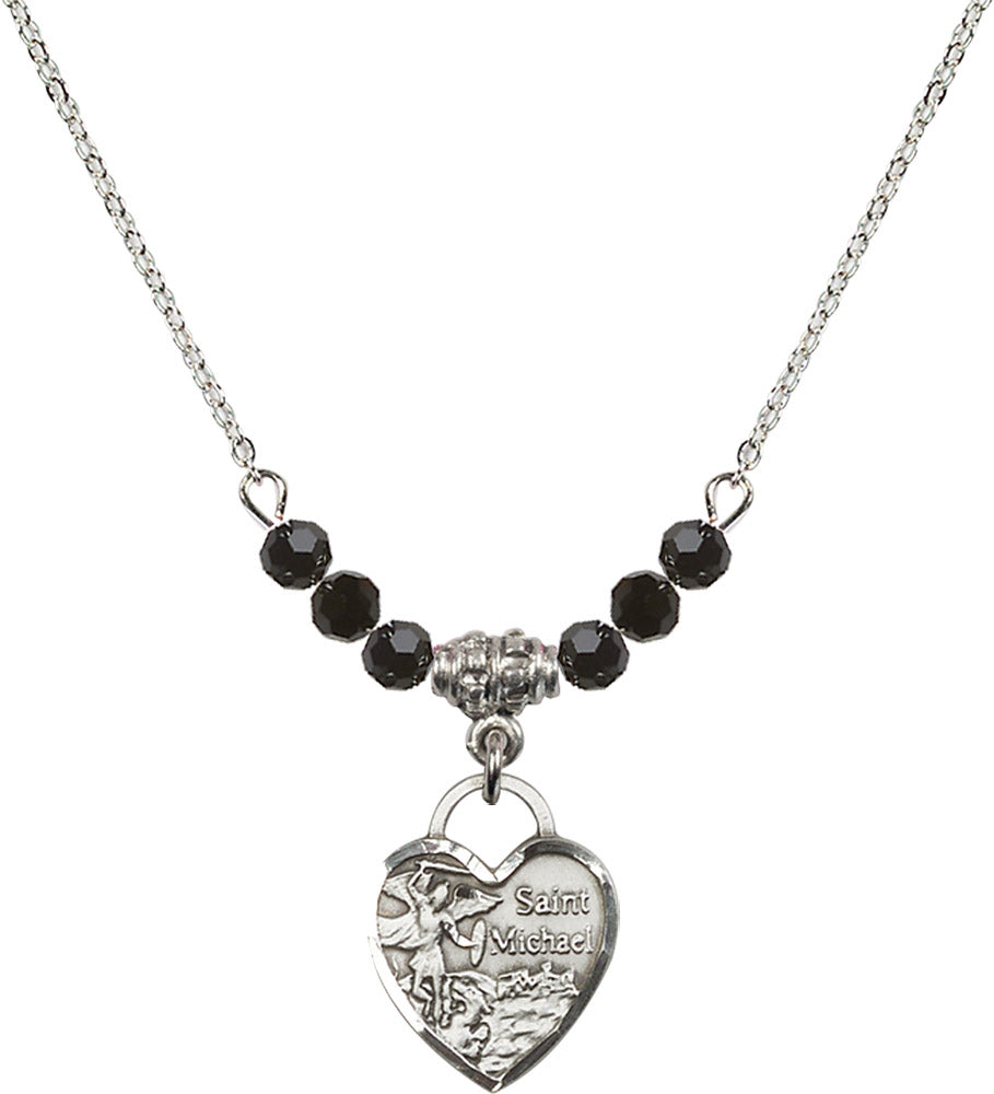 Sterling Silver Saint Michael Heart Birthstone Necklace with Jet Beads - 3403