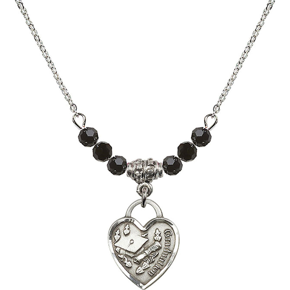 Sterling Silver Graduation Heart Birthstone Necklace with Jet Beads - 3406