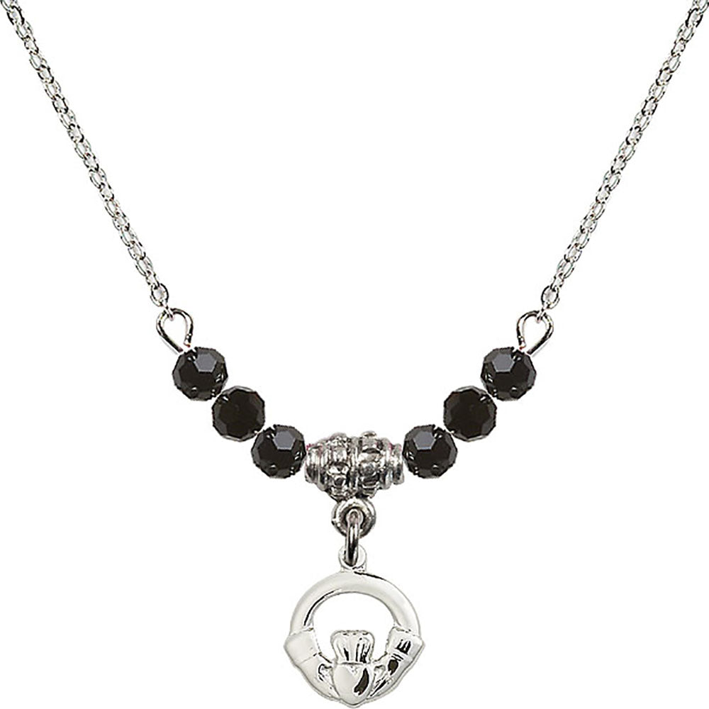 Sterling Silver Claddagh Birthstone Necklace with Jet Beads - 4113
