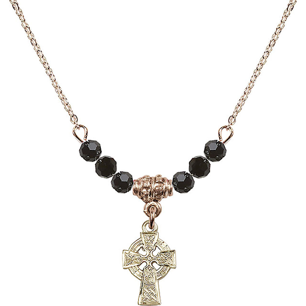 14kt Gold Filled Celtic Cross Birthstone Necklace with Jet Beads - 4133