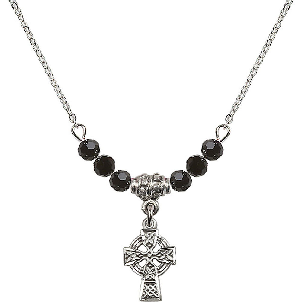 Sterling Silver Celtic Cross Birthstone Necklace with Jet Beads - 4133