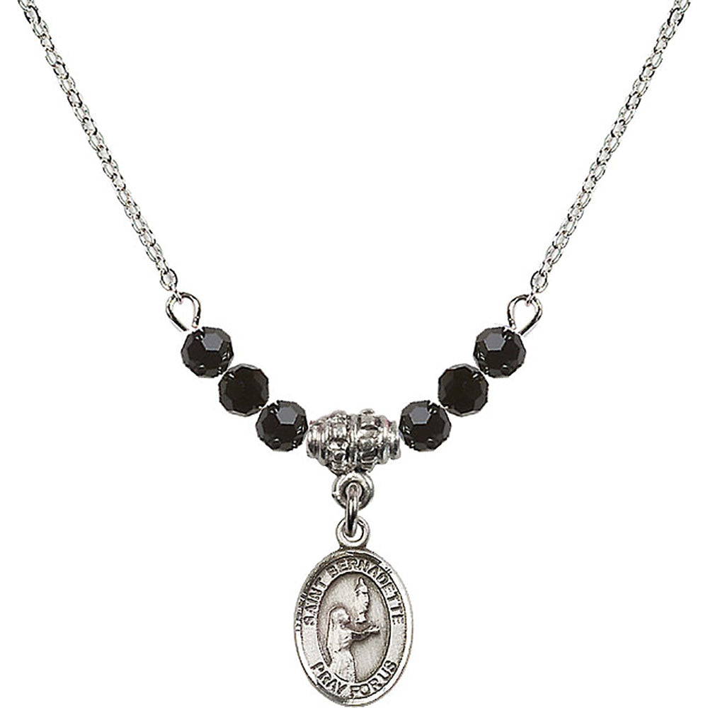 Sterling Silver Saint Bernadette Birthstone Necklace with Jet Beads - 9017