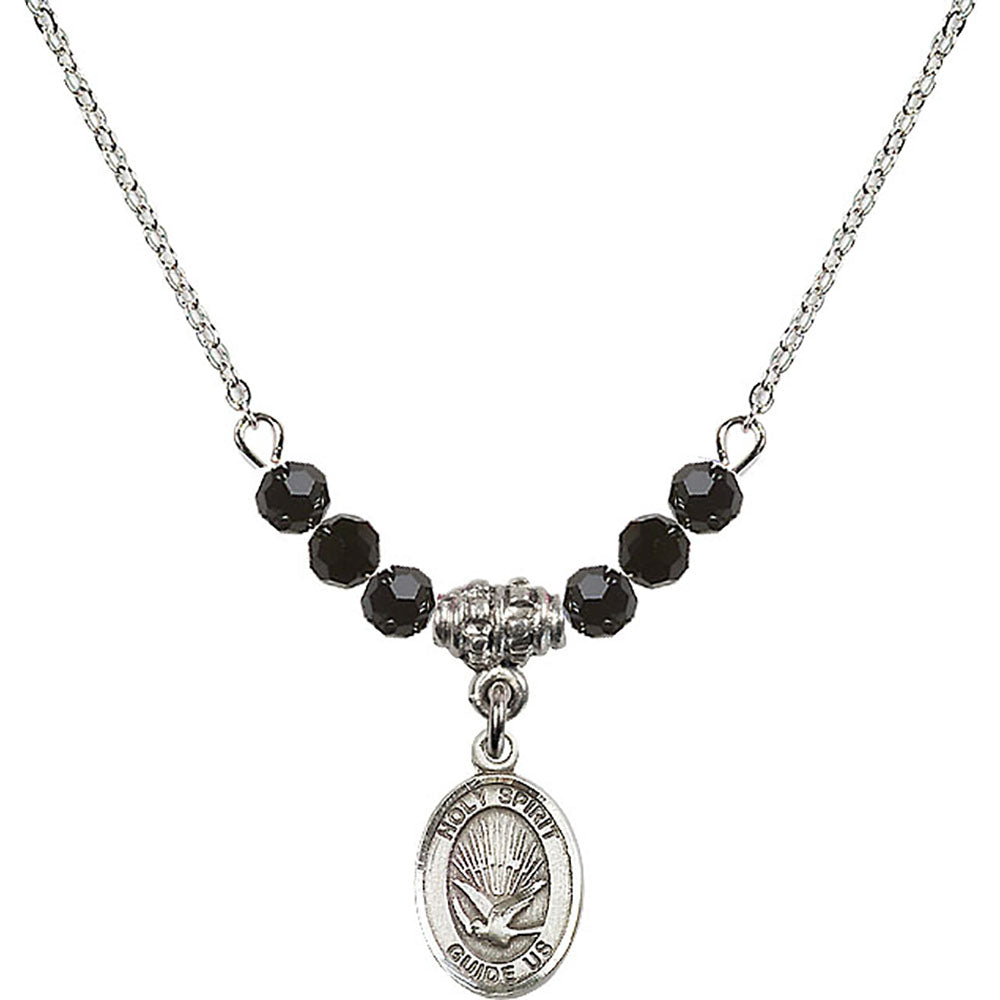 Sterling Silver Holy Spirit Birthstone Necklace with Jet Beads - 9044
