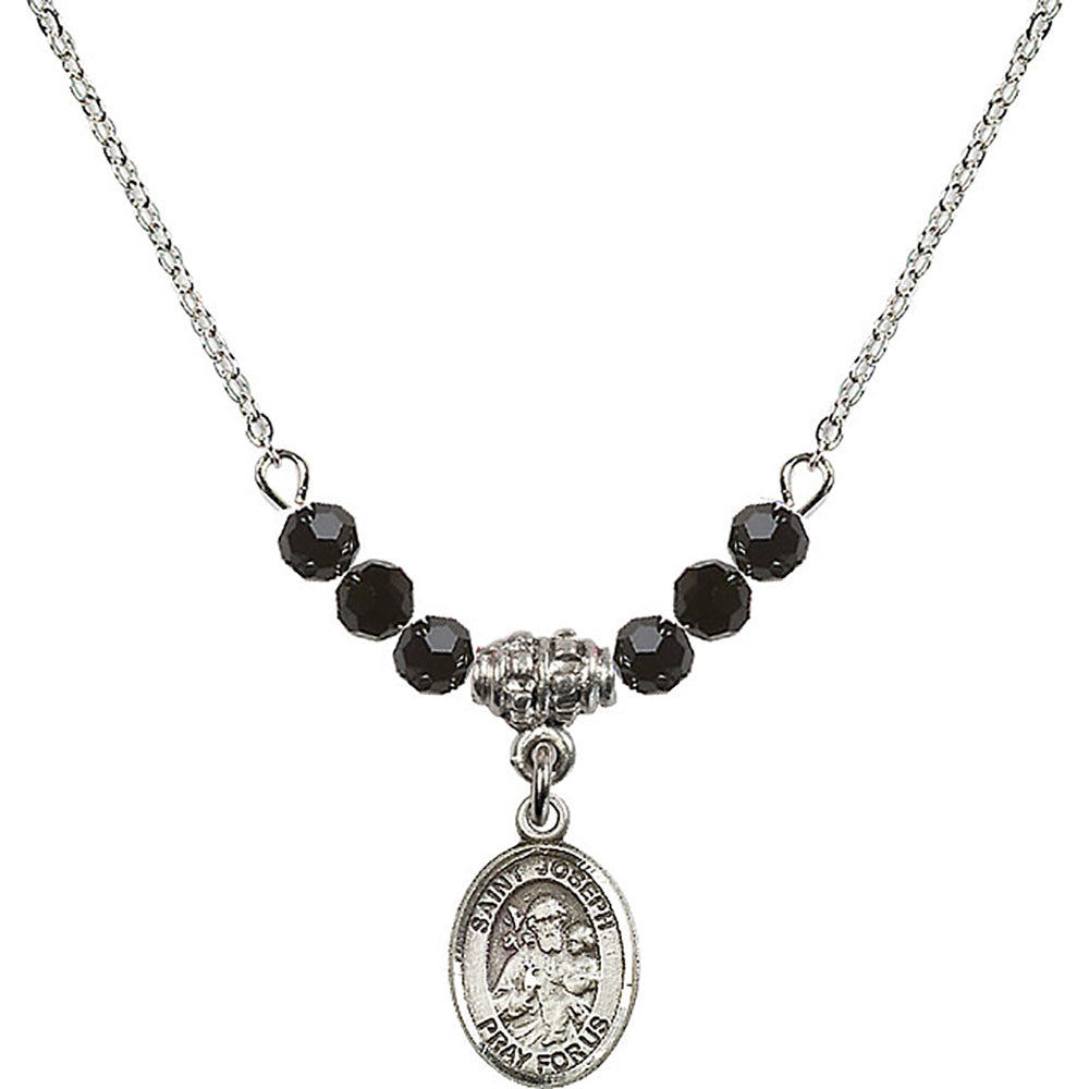 Sterling Silver Saint Joseph Birthstone Necklace with Jet Beads - 9058