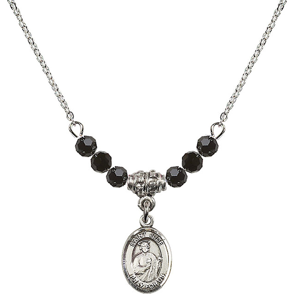 Sterling Silver Saint Jude Thaddeus Birthstone Necklace with Jet Beads - 9060
