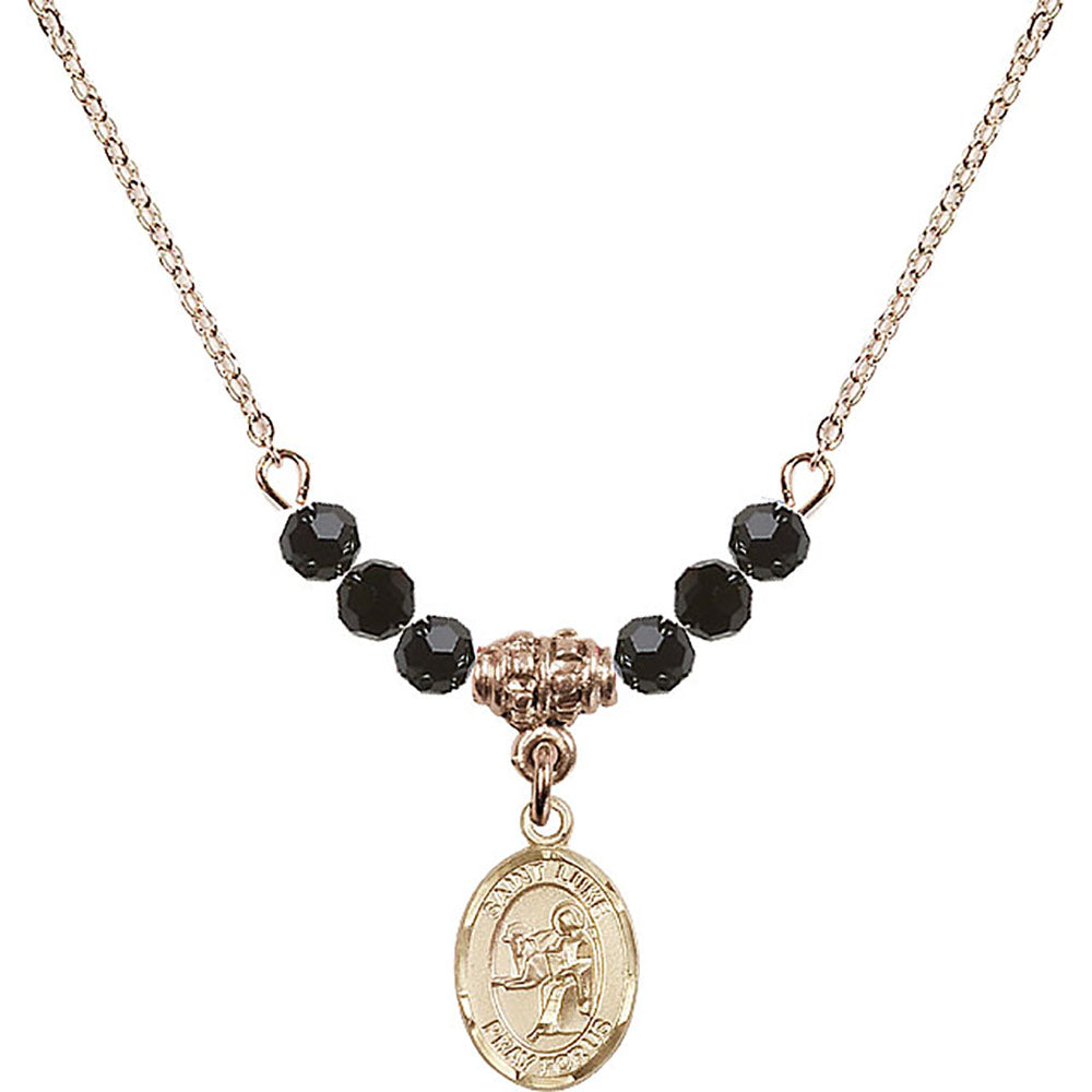 14kt Gold Filled Saint Luke the Apostle Birthstone Necklace with Jet Beads - 9068