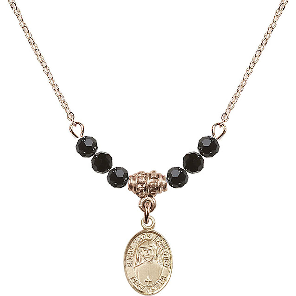14kt Gold Filled Saint Maria Faustina Birthstone Necklace with Jet Beads - 9069