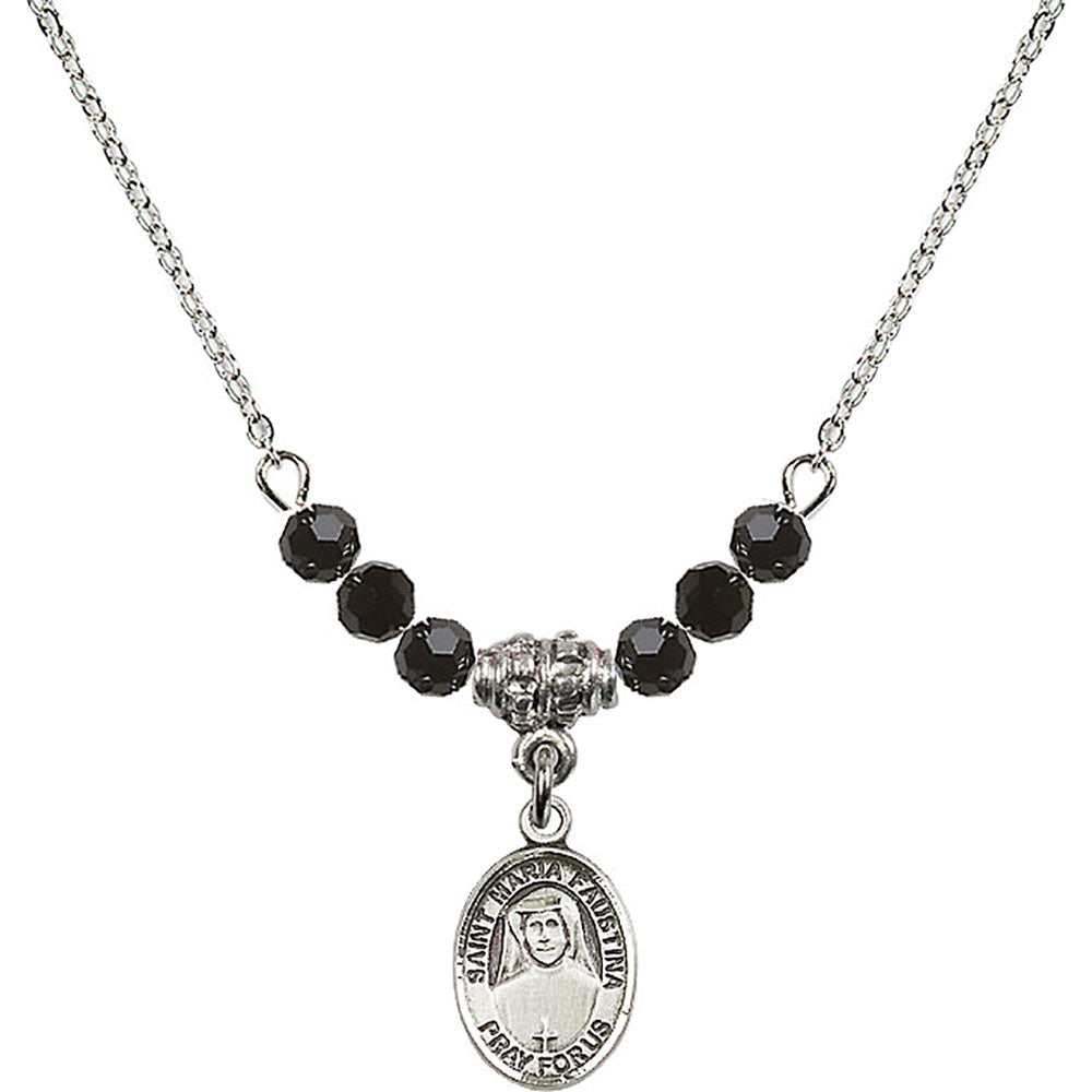 Sterling Silver Saint Maria Faustina Birthstone Necklace with Jet Beads - 9069