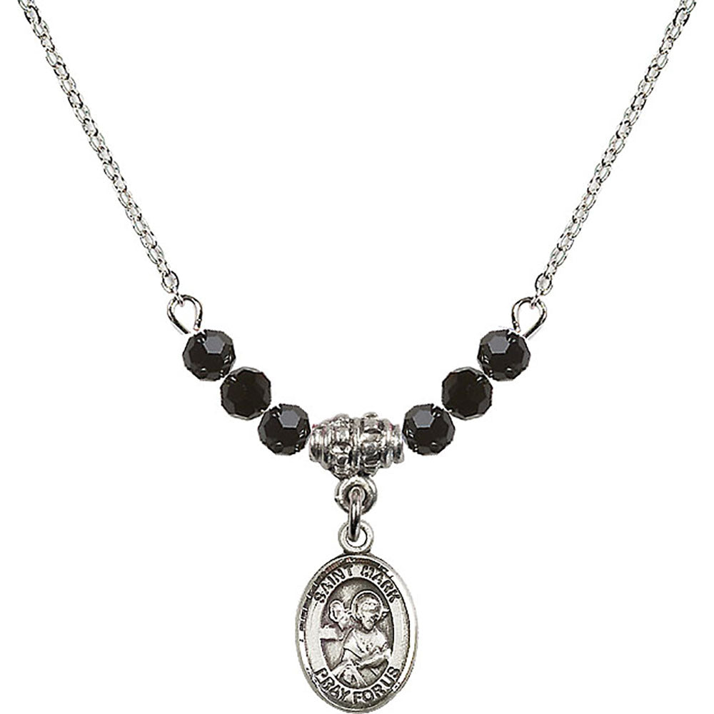 Sterling Silver Saint Mark the Evangelist Birthstone Necklace with Jet Beads - 9070